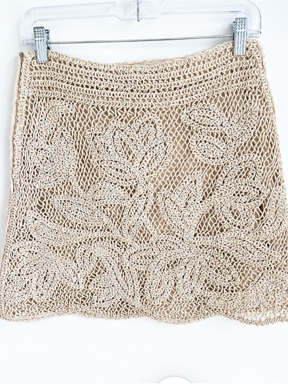 NWT Skies Are Blue Tan Cotton Blend Crochet Lace Mini Skirt Lined Size M - Picture 3 of 6
